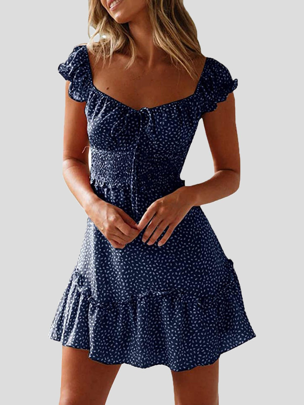 Valenzora | Damen geblümtes U-Ausschnitt Knoten-Rüschenkleid