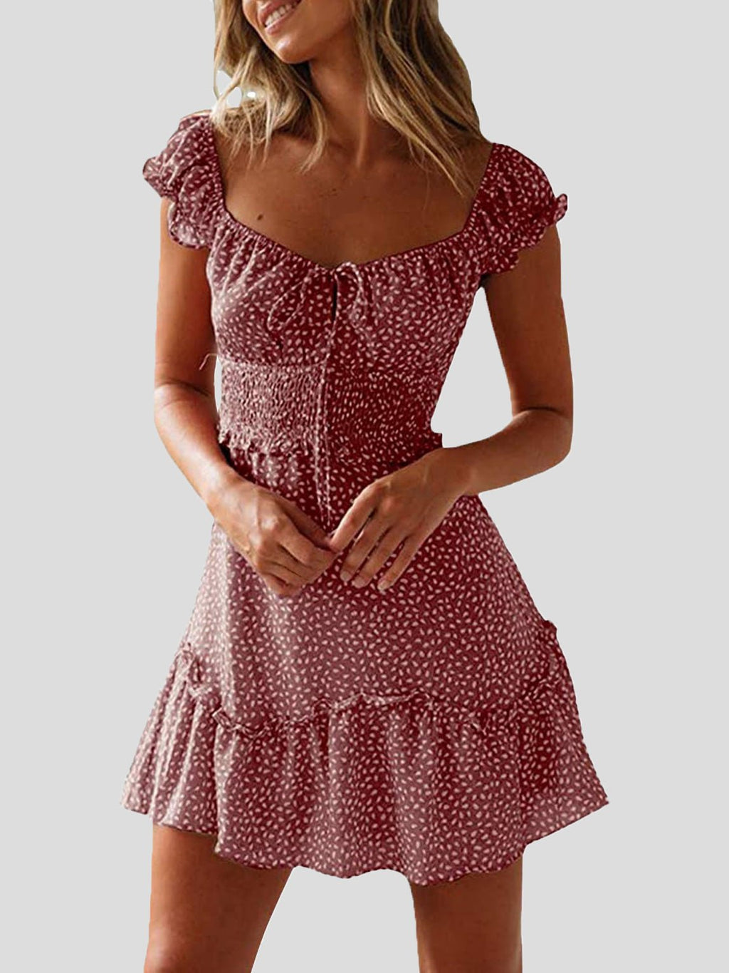 Valenzora | Damen geblümtes U-Ausschnitt Knoten-Rüschenkleid