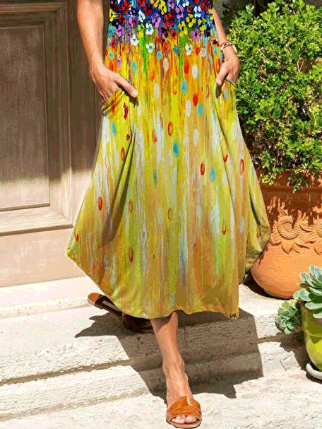 Valenzora | Women's Loose Floral Pattern Short Sleeve Dress with Pockets