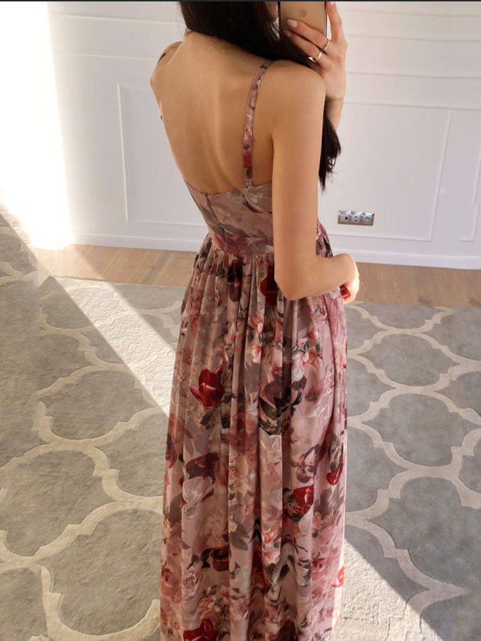 Valenzora | Women's Printed Dress with Deep V-Neck Slit and Straps