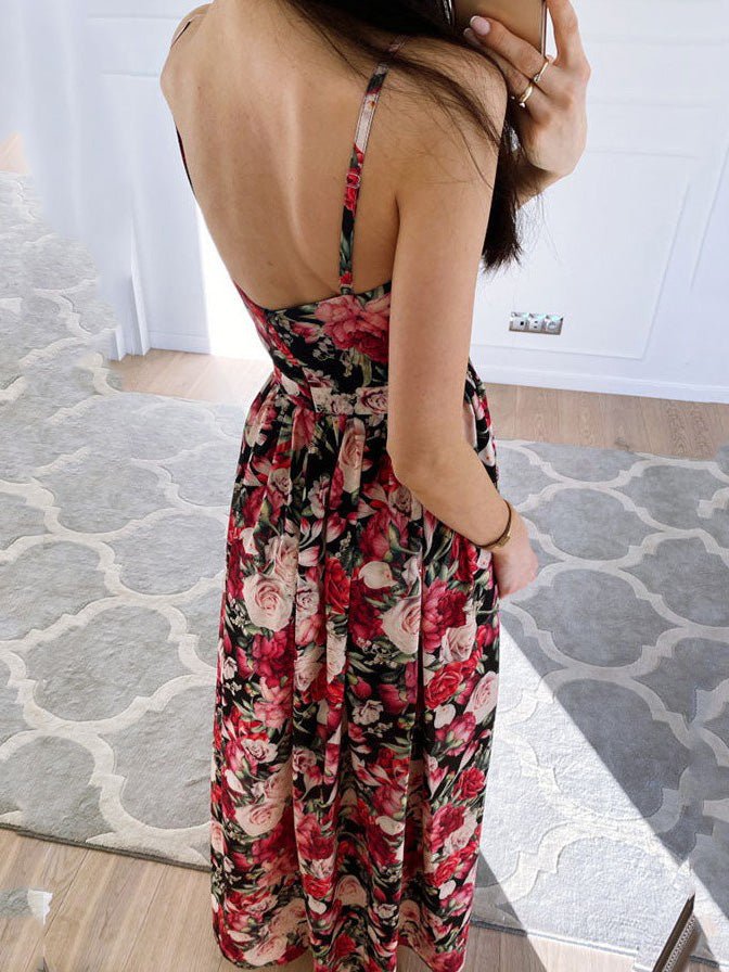 Valenzora | Women's Printed Dress with Deep V-Neck Slit and Straps