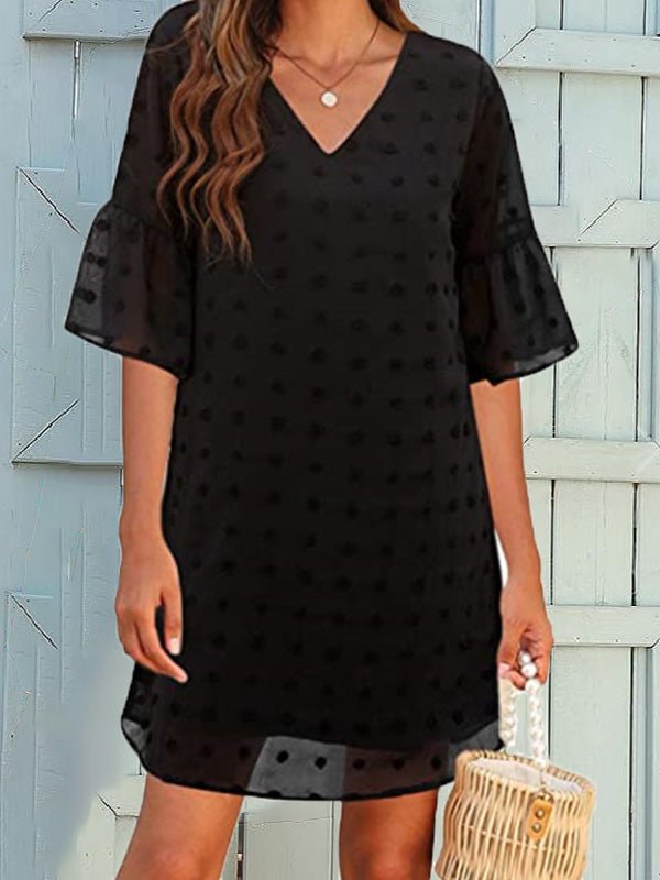Valenzora | Damen einfarbig Jacquard Polka Dot Chiffon Kurzarmkleid