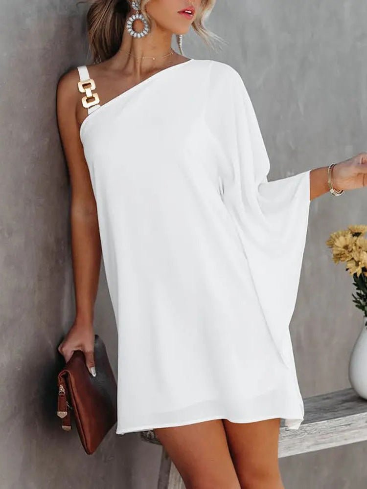 Valenzora | Women's Dresses Solid Metal Straps Off-Shoulder Doll Sleeve Dress