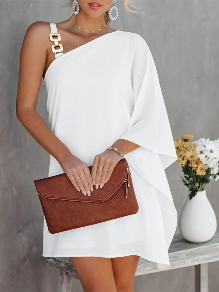 Valenzora | Women's Dresses Solid Metal Straps Off-Shoulder Doll Sleeve Dress