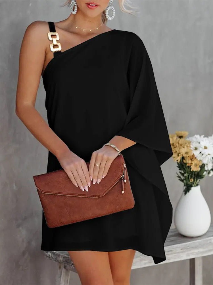 Valenzora | Women's Dresses Solid Metal Straps Off-Shoulder Doll Sleeve Dress