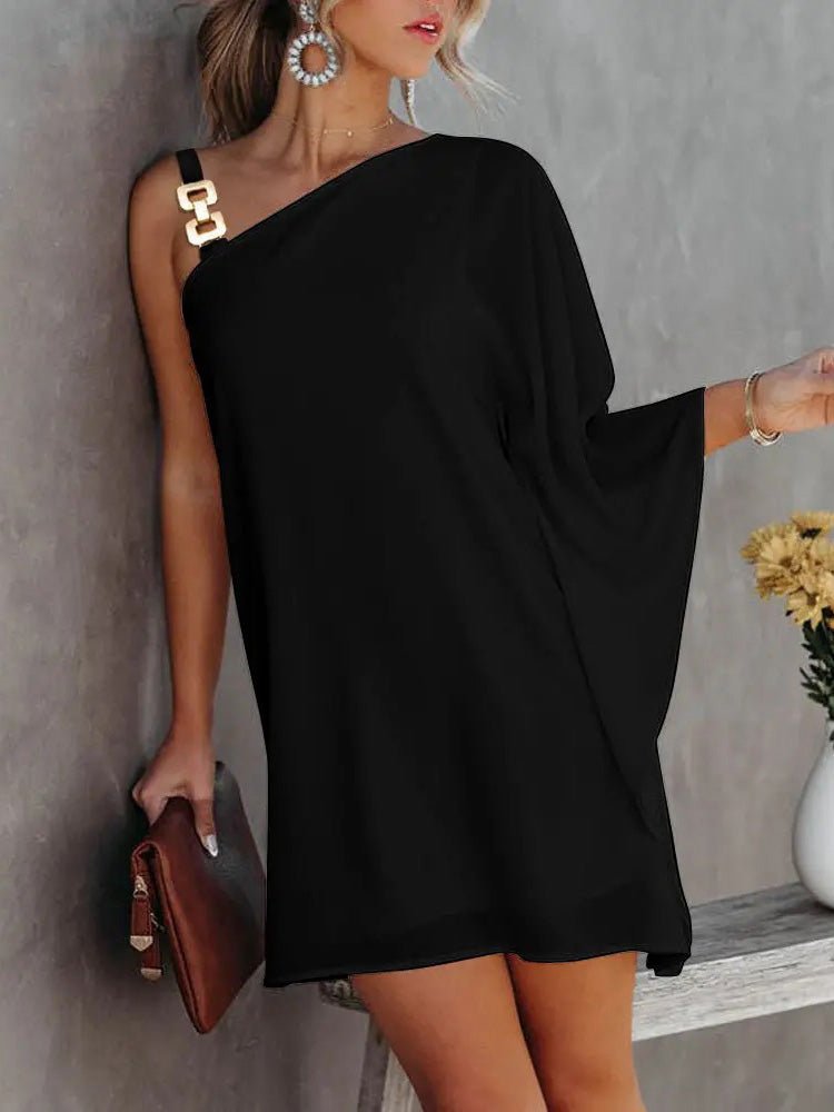 Valenzora | Women's Dresses Solid Metal Straps Off-Shoulder Doll Sleeve Dress