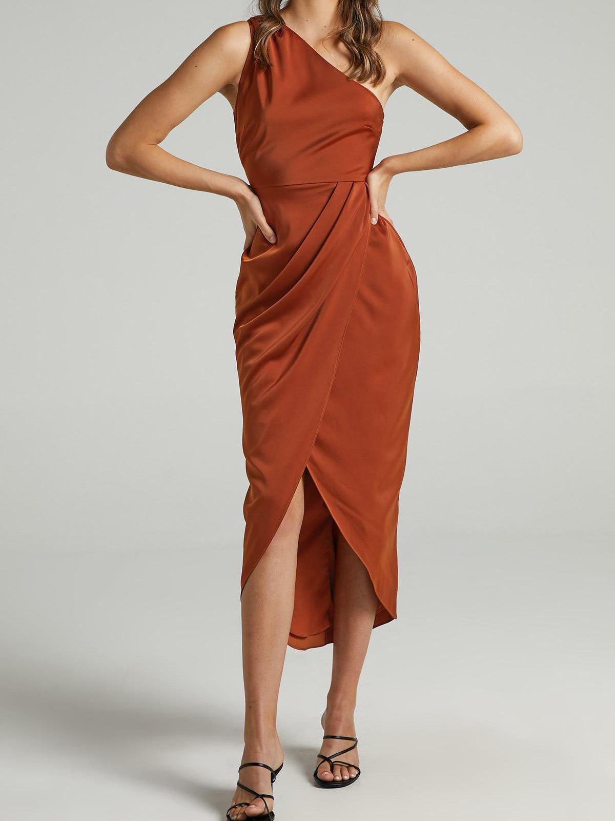 Valenzora | Women's Solid Color Dresses One Shoulder Sleeveless Irregular Slit Dress