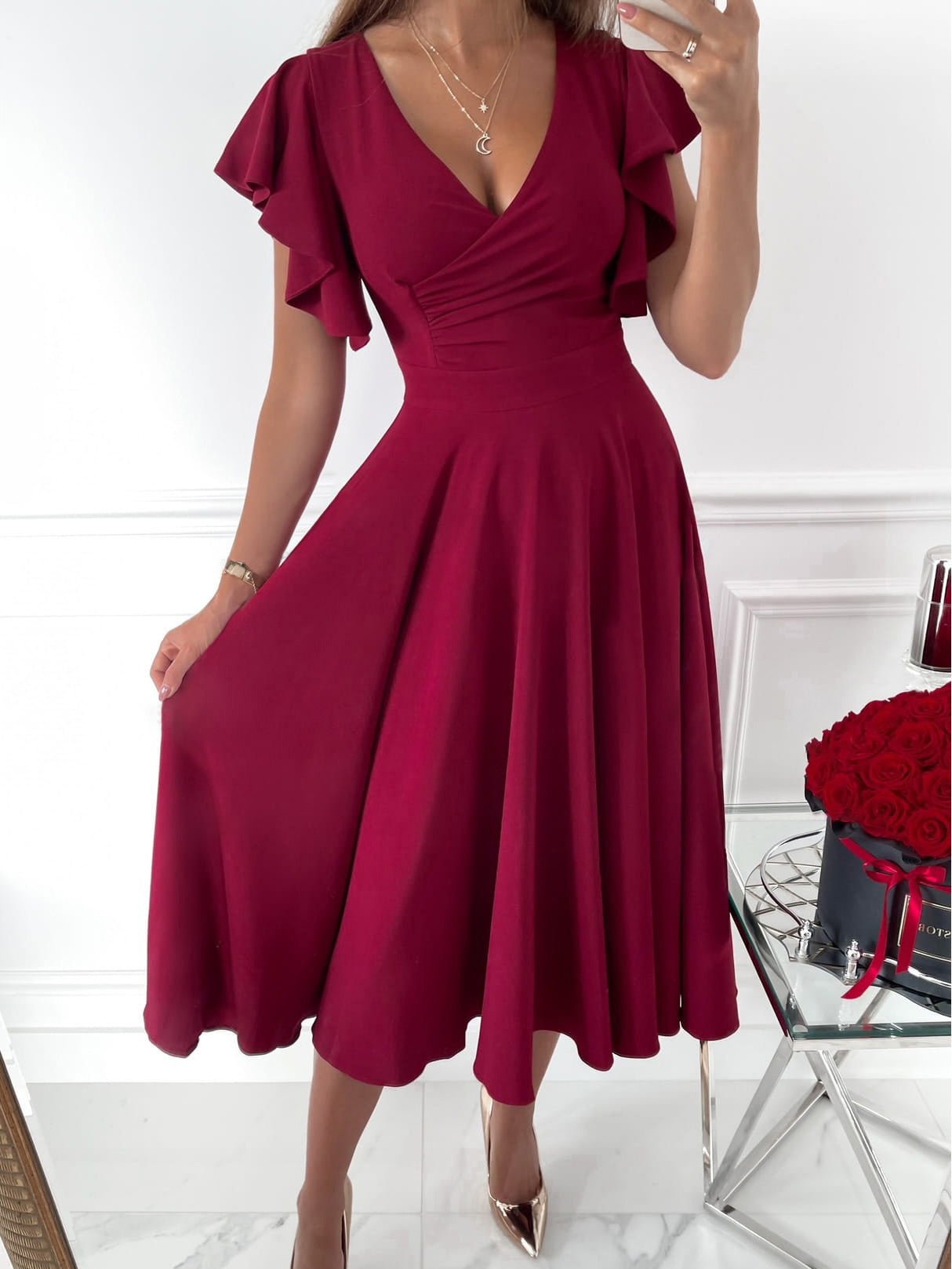Valenzora | Women's Dresses Solid Color V-Neck Ruffled Sleeve Dress