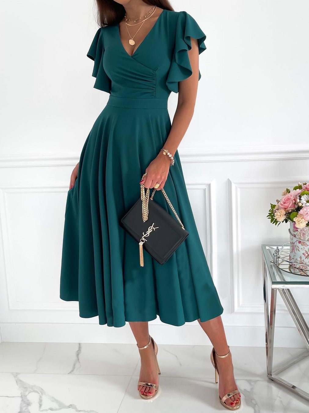 Valenzora | Women's Dresses Solid Color V-Neck Ruffled Sleeve Dress
