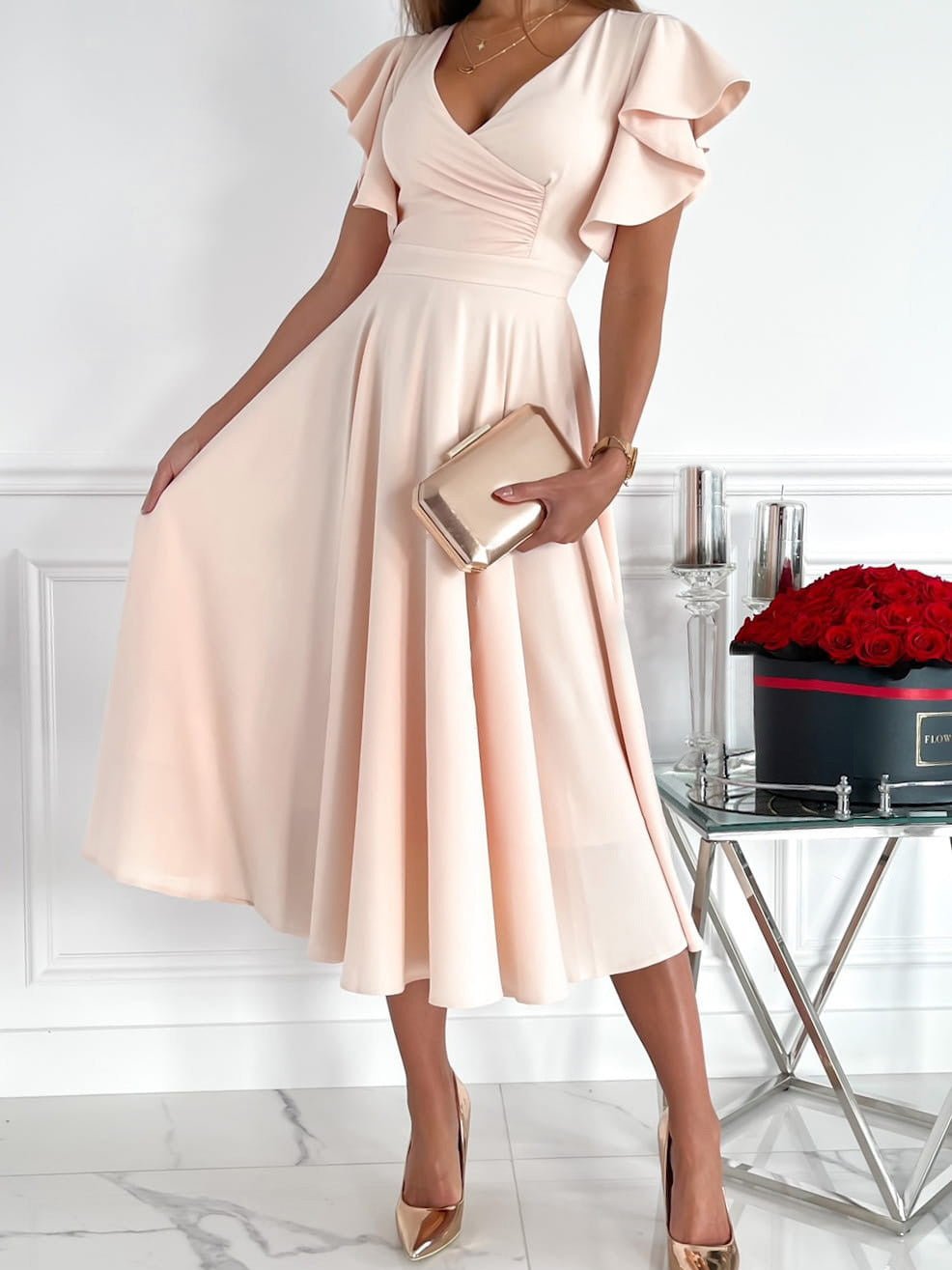 Valenzora | Women's Dresses Solid Color V-Neck Ruffled Sleeve Dress