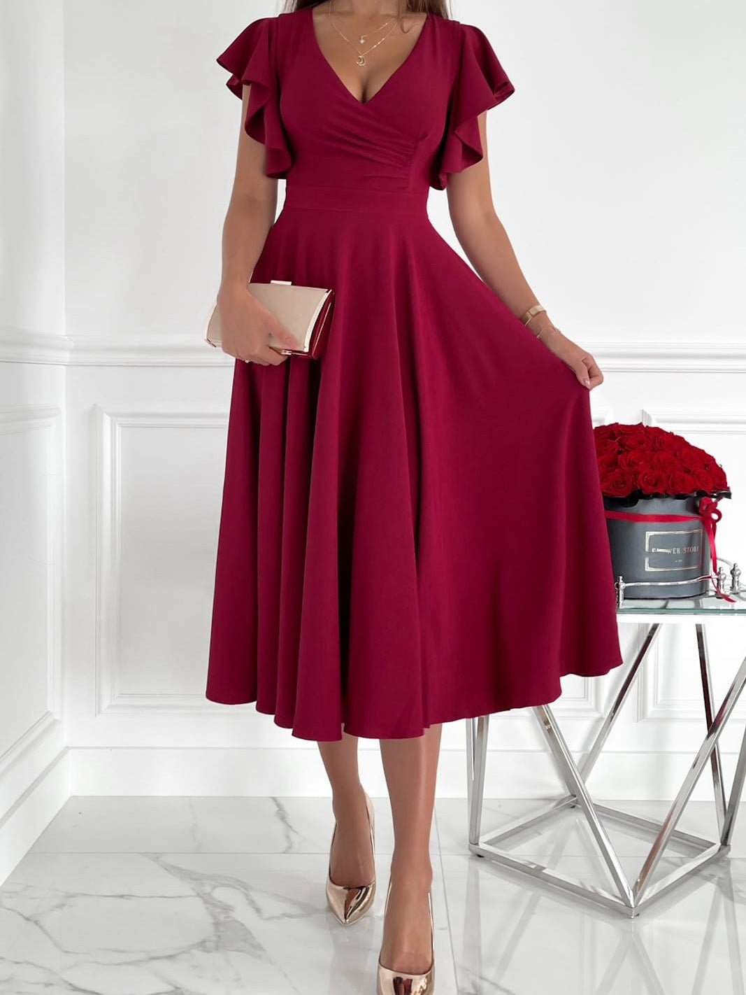 Valenzora | Women's Dresses Solid Color V-Neck Ruffled Sleeve Dress