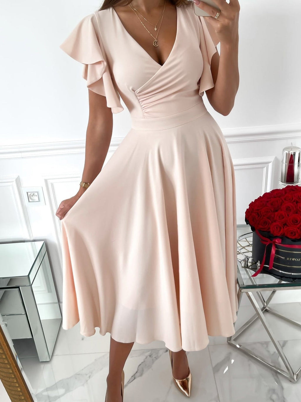 Valenzora | Women's Dresses Solid Color V-Neck Ruffled Sleeve Dress