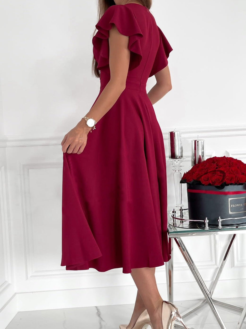 Valenzora | Women's Dresses Solid Color V-Neck Ruffled Sleeve Dress