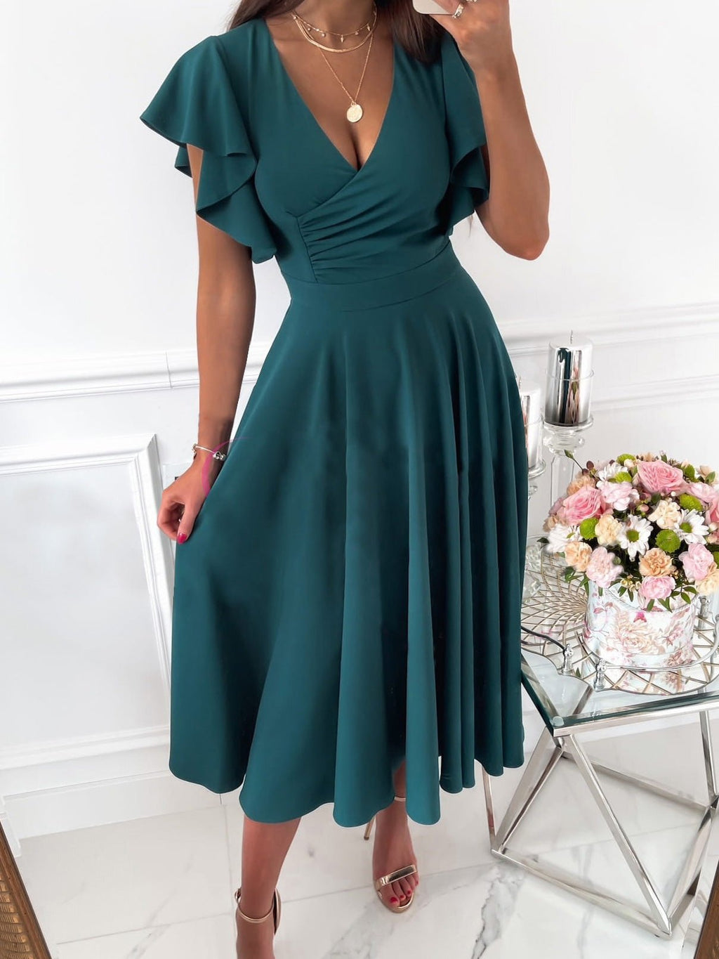 Valenzora | Women's Dresses Solid Color V-Neck Ruffled Sleeve Dress