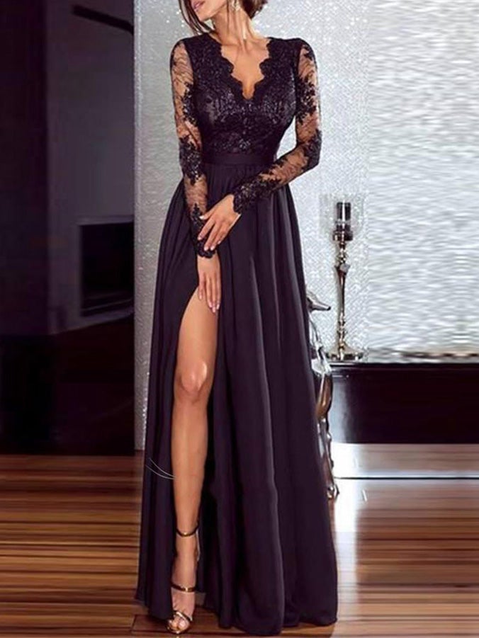 Valenzora | Women's Dresses V-Neck Lace Long Sleeves Slit Evening Dress