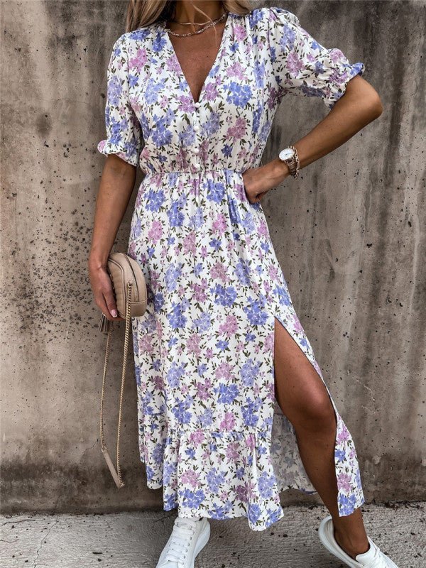Valenzora | Women's Floral Pattern Short Sleeve V-Neck Dress