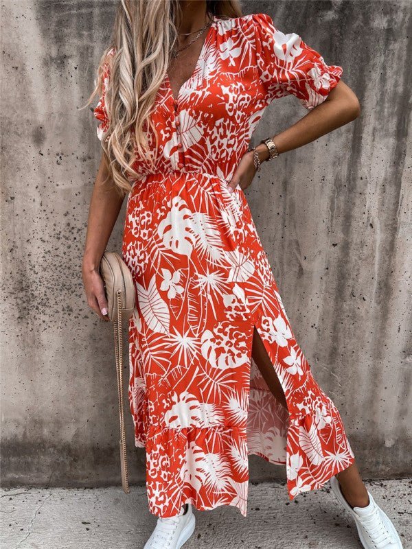 Valenzora | Women's Floral Pattern Short Sleeve V-Neck Dress