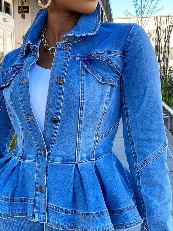 Valenzora | Damen Jacke Knopf Rüschen Langarm Jeansjacke