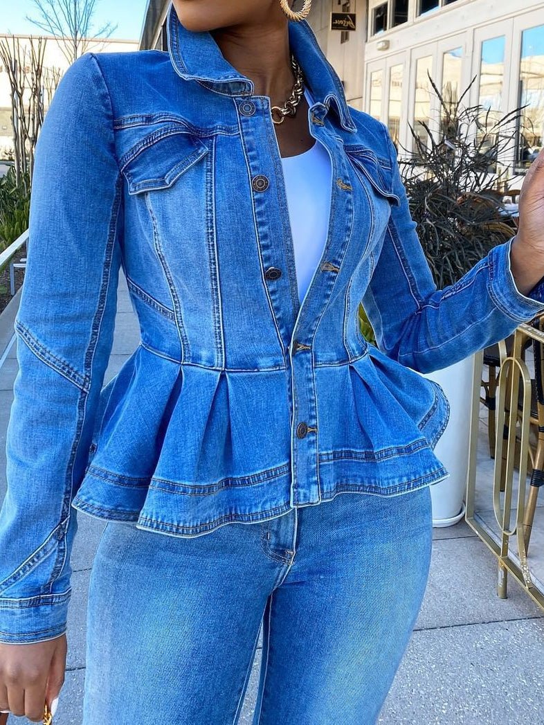 Valenzora | Damen Jacke Knopf Rüschen Langarm Jeansjacke
