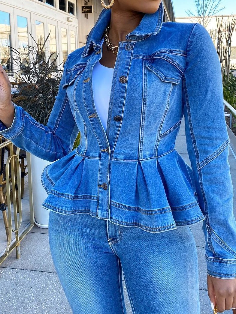 Valenzora | Damen Jacke Knopf Rüschen Langarm Jeansjacke