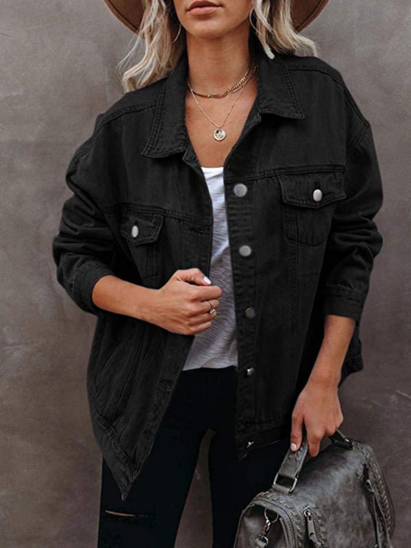 Valenzora | Women's Solid Color Jacket, Flap Pocket, Button, Denim Jacket