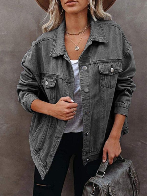 Valenzora | Women's Solid Color Jacket, Flap Pocket, Button, Denim Jacket