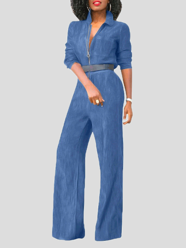 Valenzora | Women's Jumpsuits with Flap Zipper, Long Sleeves, Denim Jumpsuit