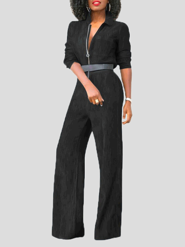 Valenzora | Women's Jumpsuits with Flap Zipper, Long Sleeves, Denim Jumpsuit
