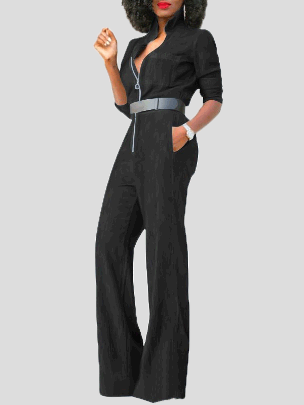 Valenzora | Women's Jumpsuits with Flap Zipper, Long Sleeves, Denim Jumpsuit