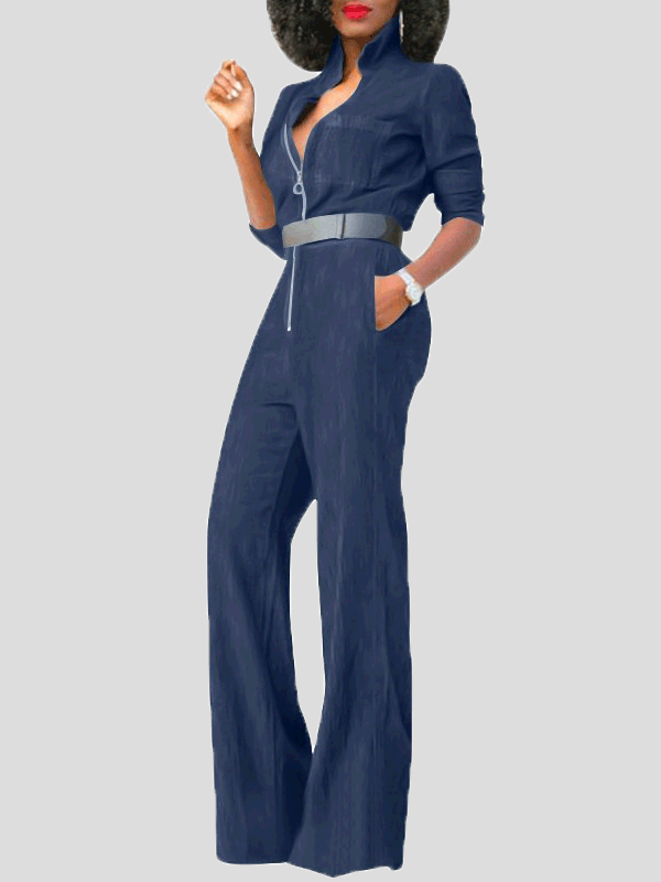 Valenzora | Women's Jumpsuits with Flap Zipper, Long Sleeves, Denim Jumpsuit