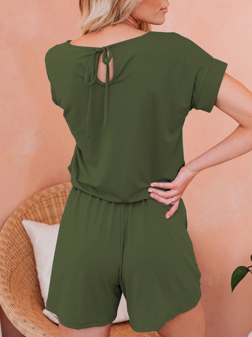 Valenzora | Damen-Jumpsuits, einfarbig, kurzärmelig, zum Schnüren, legerer Jumpsuit