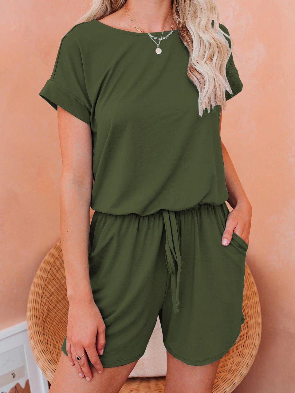 Valenzora | Damen-Jumpsuits, einfarbig, kurzärmelig, zum Schnüren, legerer Jumpsuit