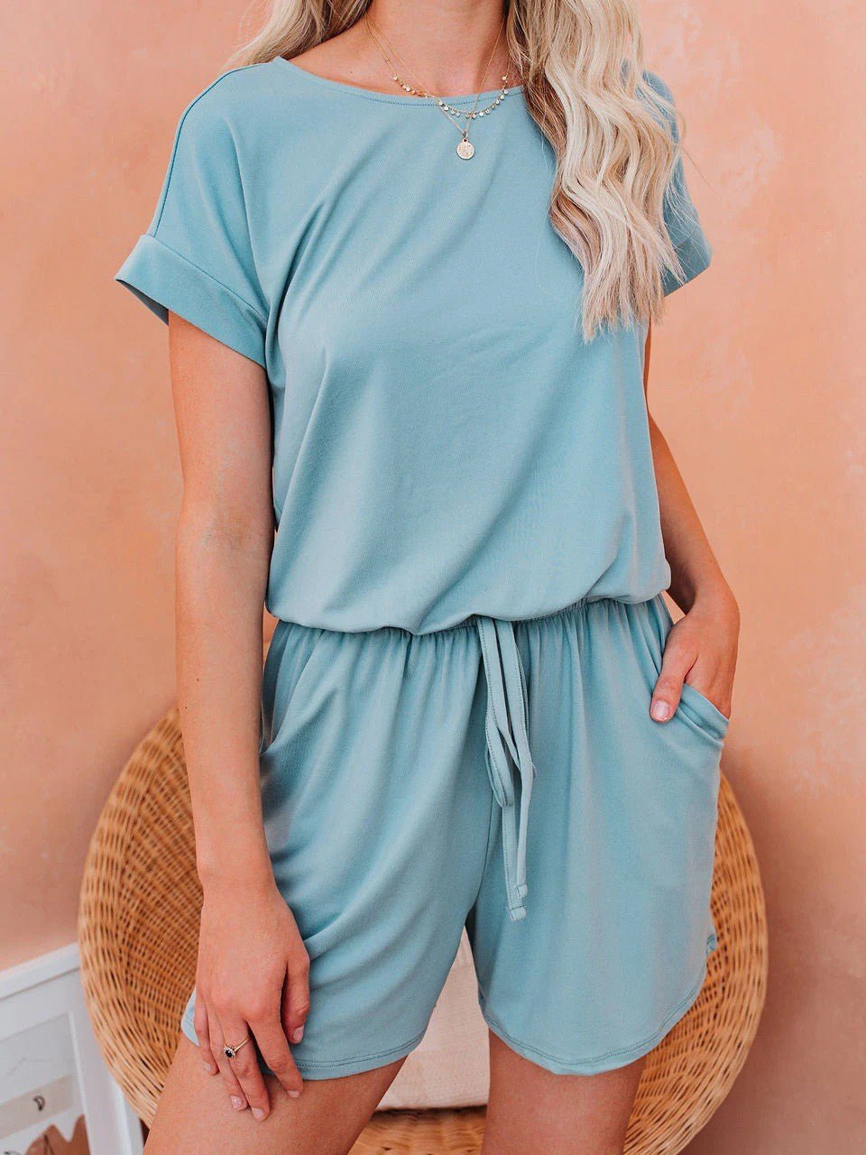 Valenzora | Damen-Jumpsuits, einfarbig, kurzärmelig, zum Schnüren, legerer Jumpsuit