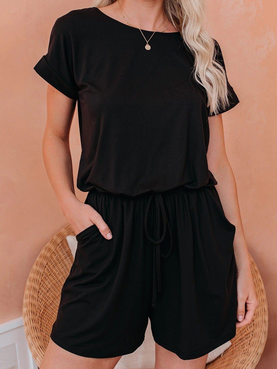 Valenzora | Damen-Jumpsuits, einfarbig, kurzärmelig, zum Schnüren, legerer Jumpsuit