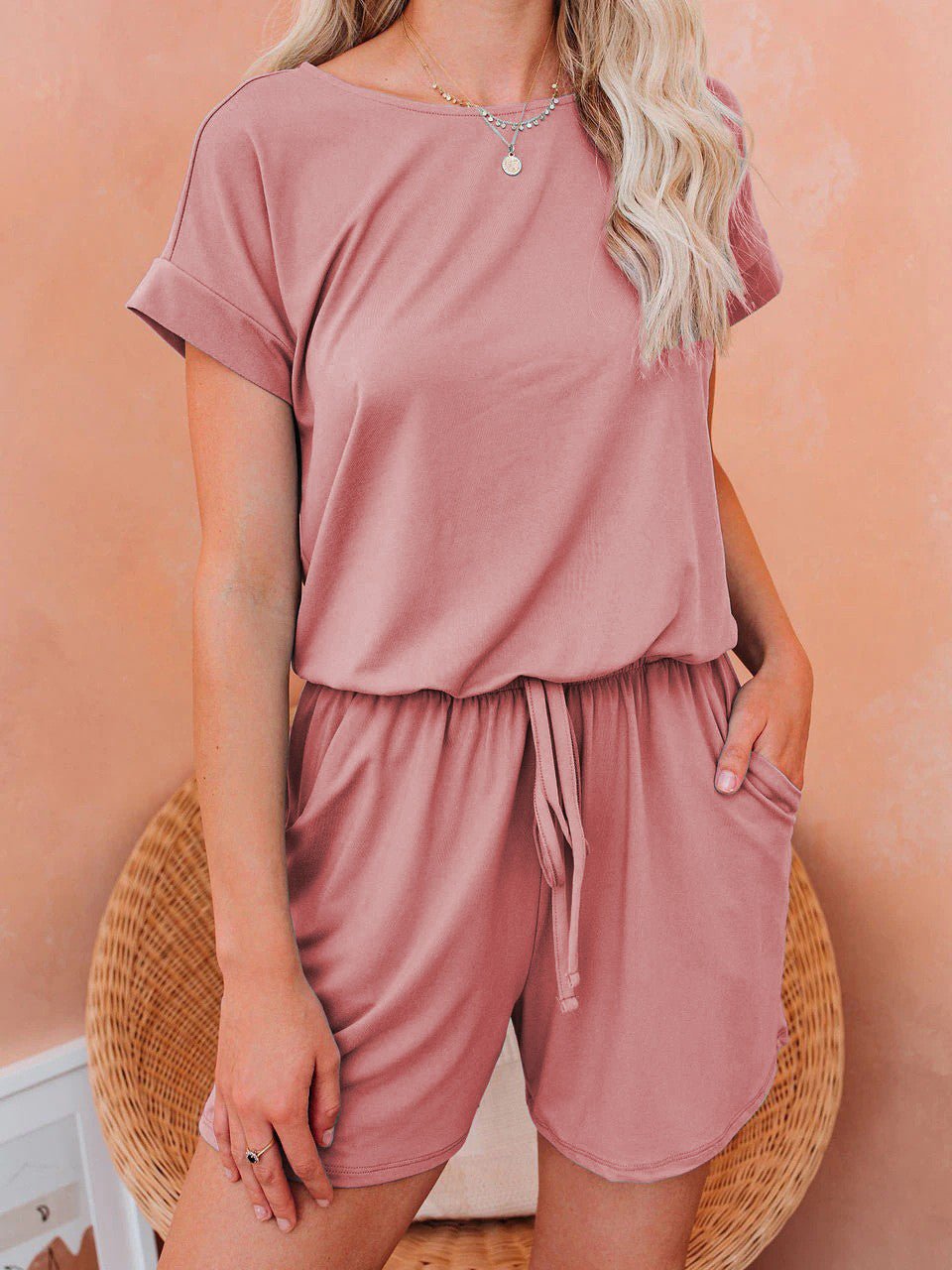 Valenzora | Damen-Jumpsuits, einfarbig, kurzärmelig, zum Schnüren, legerer Jumpsuit