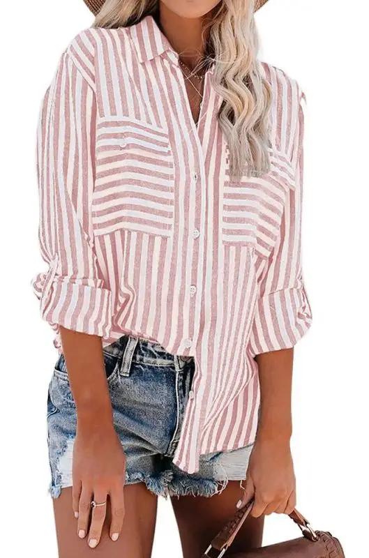 Valenzora | Women's Linen Cotton Washed Water Stripe Single-Breasted Long-Sleeve Shirt