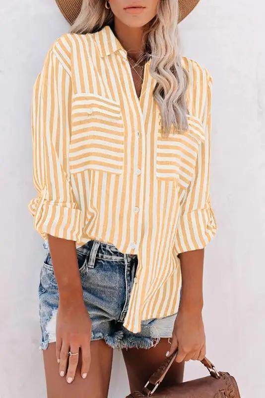 Valenzora | Women's Linen Cotton Washed Water Stripe Single-Breasted Long-Sleeve Shirt