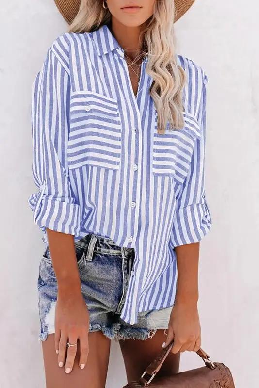 Valenzora | Women's Linen Cotton Washed Water Stripe Single-Breasted Long-Sleeve Shirt