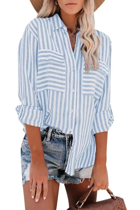 Valenzora | Women's Linen Cotton Washed Water Stripe Single-Breasted Long-Sleeve Shirt