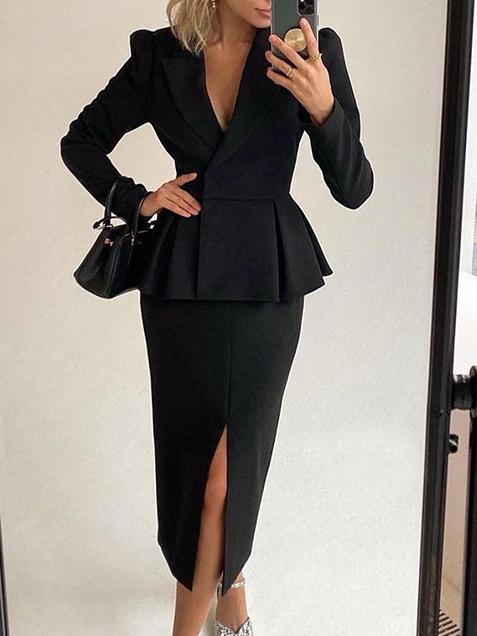 Valenzora | Women's Suit Long-sleeved Jacket & Slit Skirt Two-Piece Suit