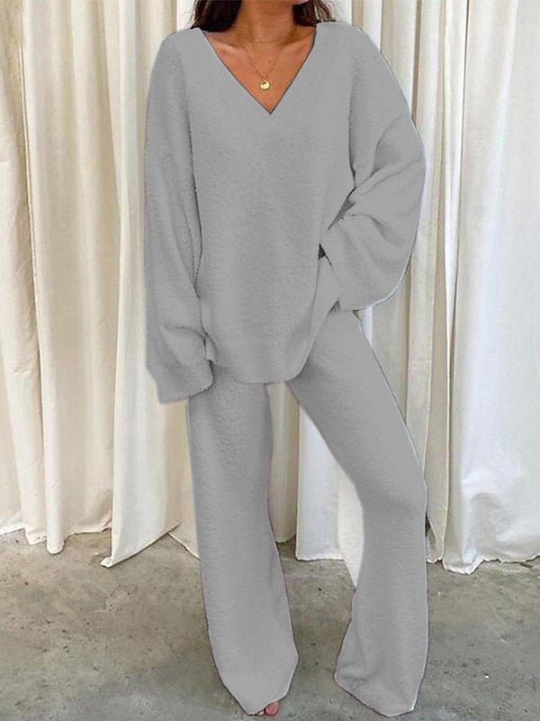 Valenzora | Women's Set Solid Color V-Neck Casual Long Sleeve Top & Pants Warm Two-Piece Set