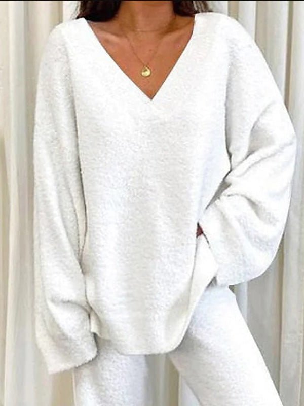 Valenzora | Women's Set Solid Color V-Neck Casual Long Sleeve Top & Pants Warm Two-Piece Set