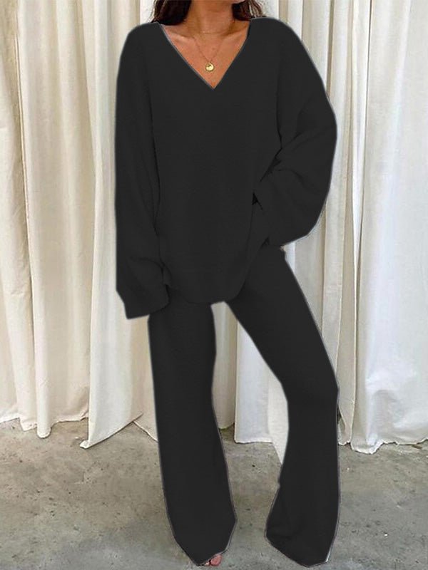 Valenzora | Women's Set Solid Color V-Neck Casual Long Sleeve Top & Pants Warm Two-Piece Set