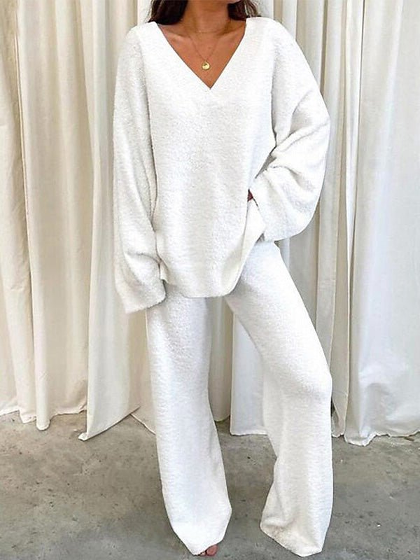 Valenzora | Women's Set Solid Color V-Neck Casual Long Sleeve Top & Pants Warm Two-Piece Set