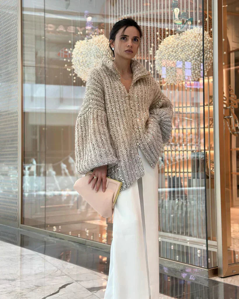 Maeve️ | The elegant, glittering silk cardigan sweater