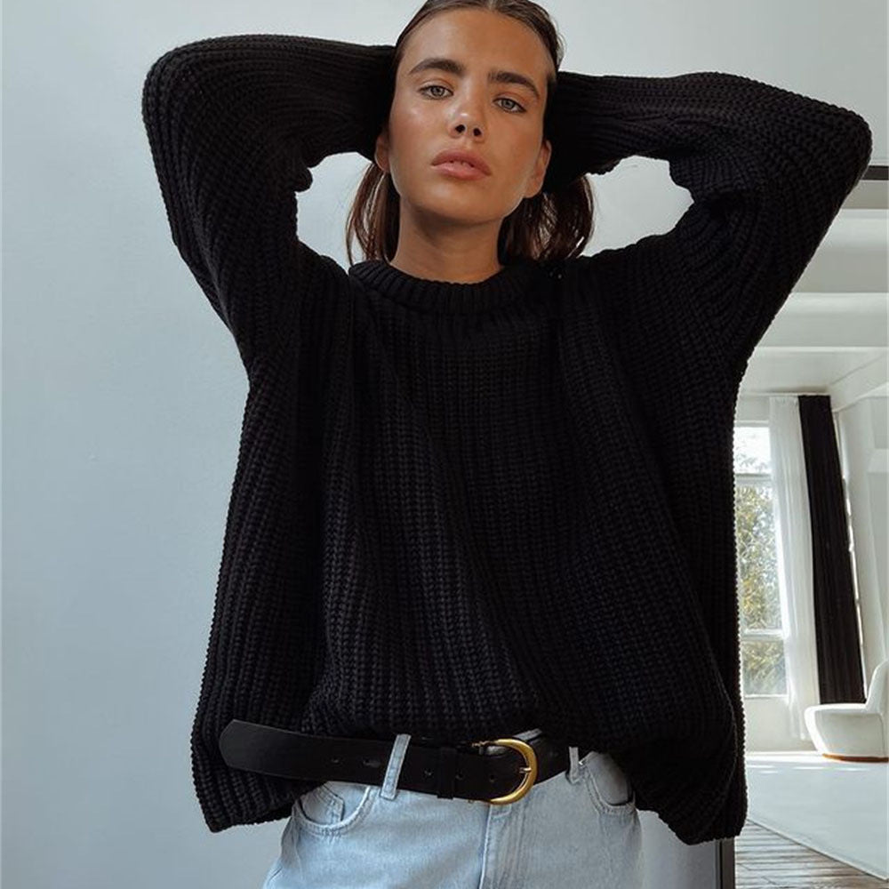Valenzora – Fashionable solid-color knit sweater with round neck