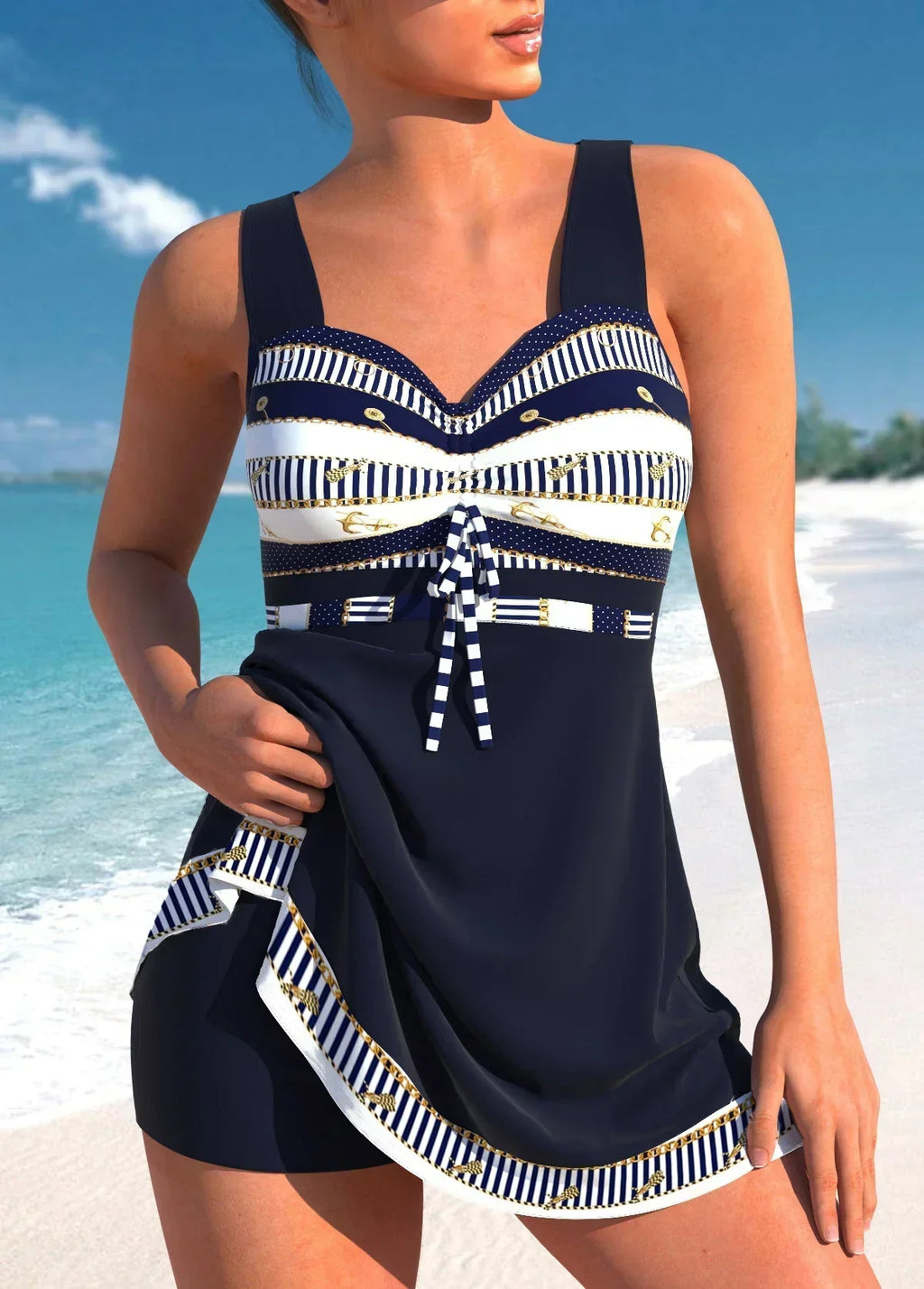 Valenzora blue, narrow, lightweight patchwork tankini